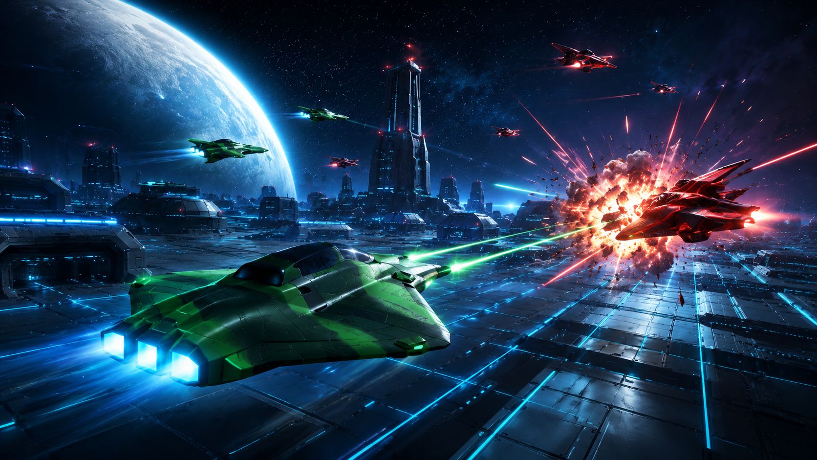 Green and red combat ships fighting above an illuminated power-grid city beneath a planet.