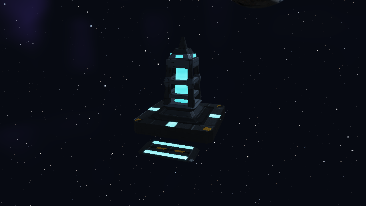 Exploded Systems Archive view of a deployed relay tower, lift platform and retracted hatch leaves.