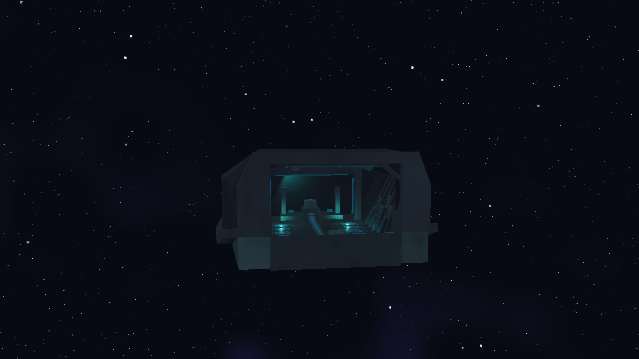 Three-quarter production render of the team spawn hangar and its eight reconstruction bays.